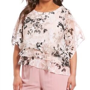 Alex Evenings Top Women’s 2X  White/Blush Chiffon Asymmetric Tiered Hem Floral
